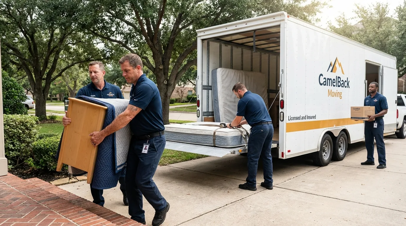 Crew loading residential truck for cross-state move from Sour Lake, TX