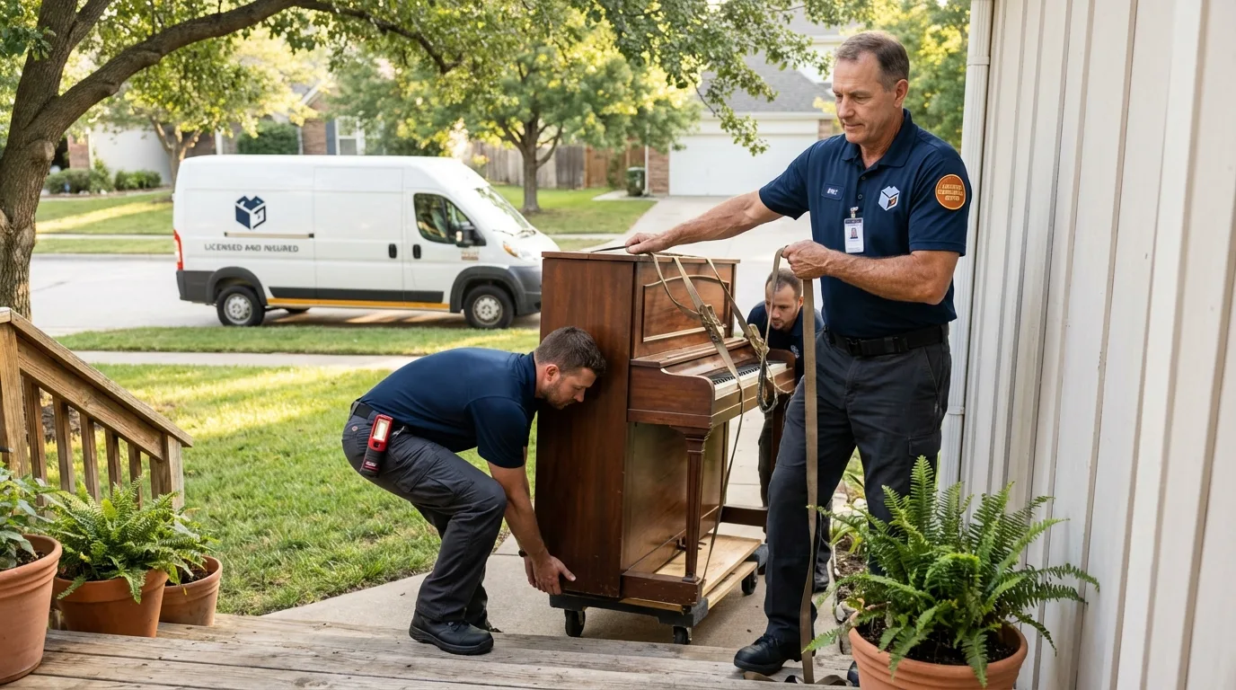 Licensed piano movers securing grand piano in Sour Lake, TX