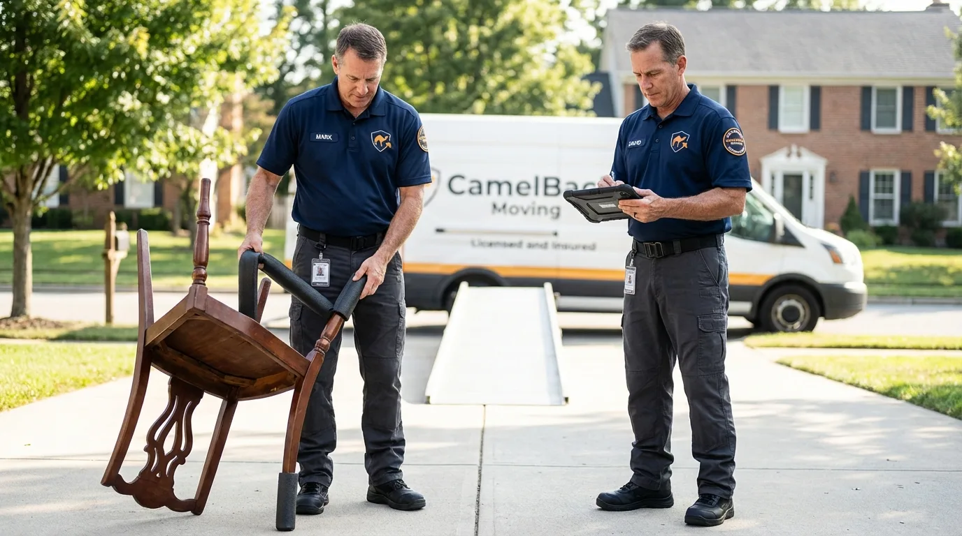 Movers inspecting furniture for damage prevention before loading in Sour Lake, TX