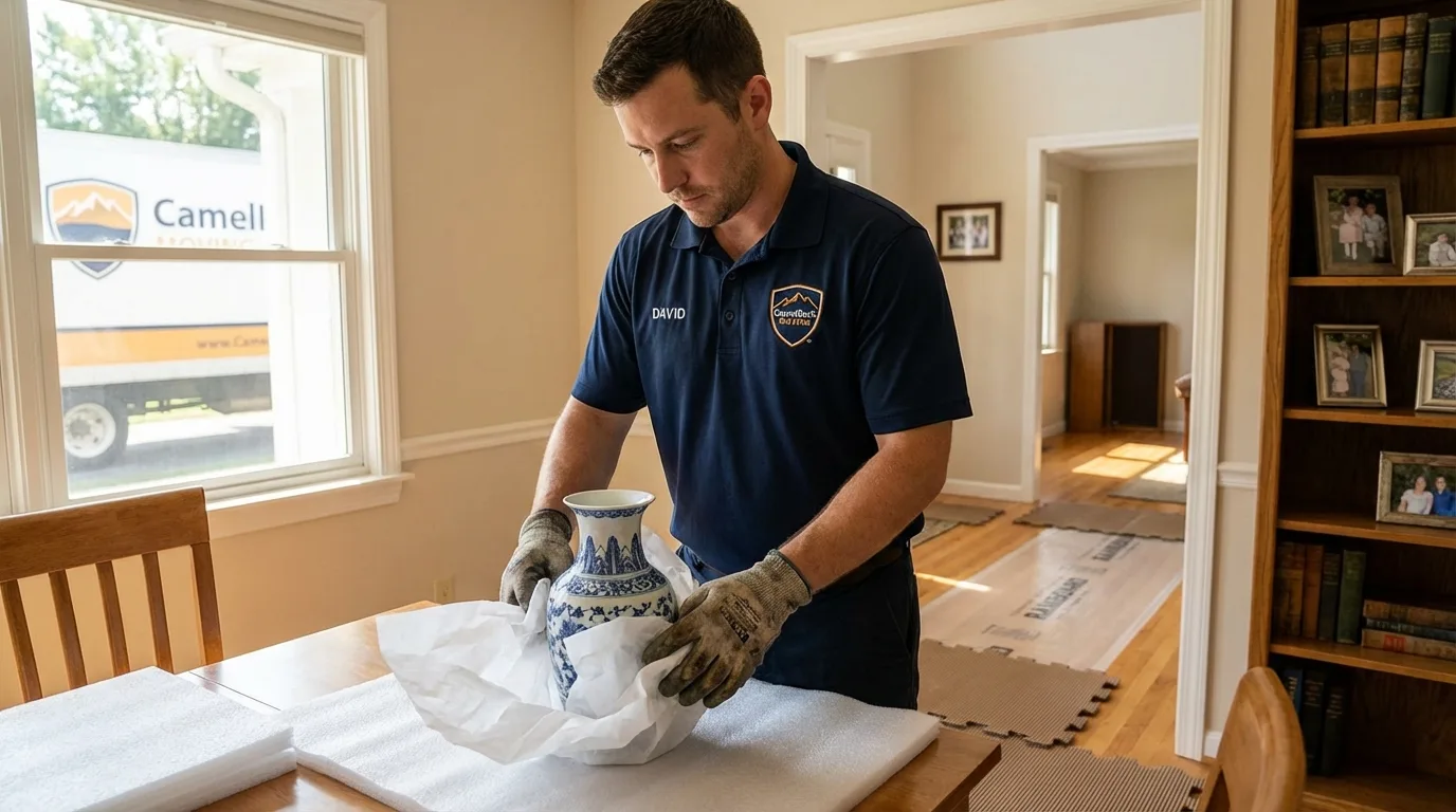 Professional crew carefully wrapping antique vase for senior downsizing move in Sour Lake, TX